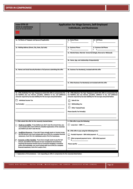 Form Otr-10 - Application For Wage Earners, Self-Employed Individuals, And Business Printable pdf