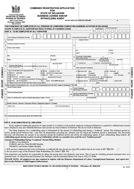 Fillable Form Cra - Combined Registration Application For State Of Delaware Business License And/or Withholding Agent - 2000 Printable pdf