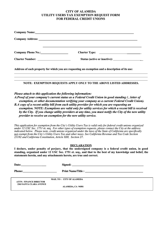 Utility Users Tax Exemption Request Form For Federal Credit Unions - City Of Alameda Printable pdf