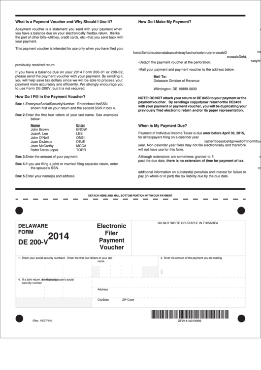 Fillable Form De 200-V - Electronic Filer Payment Voucher - 2014 Printable pdf