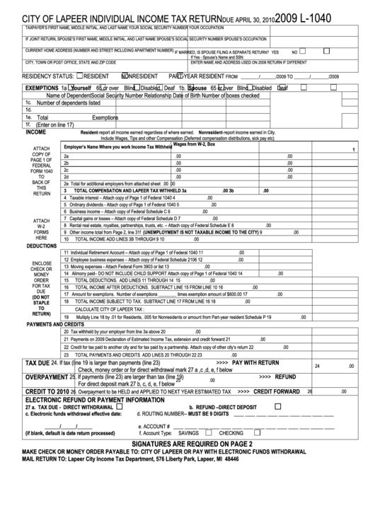 Form L-1040 - City Of Lapeer Individual Income Tax Return - 2009 Printable pdf