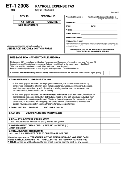 Form Et-1 - Payroll Expense Tax - City Of Pittsburgh - 2008 Printable pdf