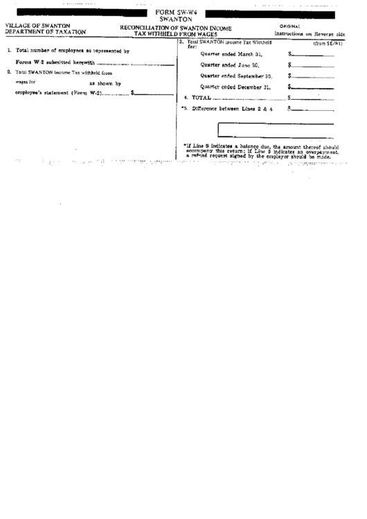 Form Sw-W4 - Reconciliation For Swanton Income Tax Withheld Form Wages Printable pdf
