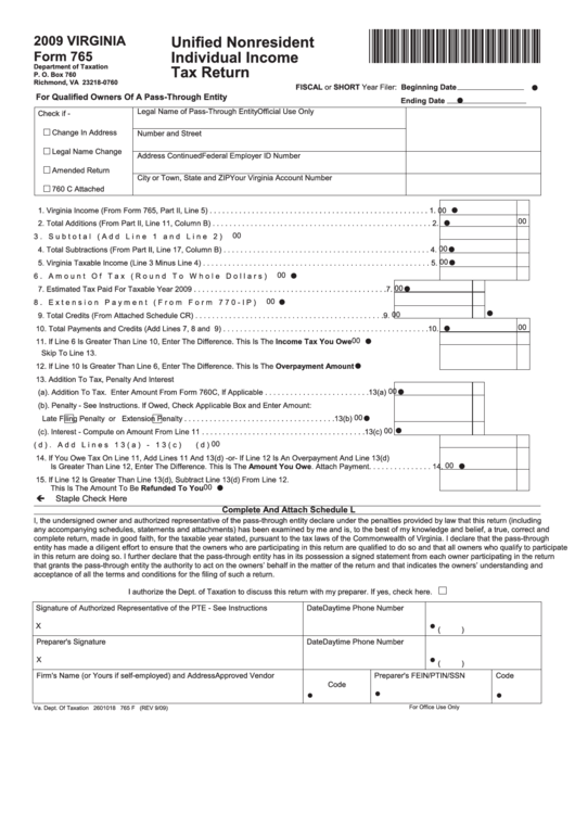 Form 765 - Unified Nonresident Individual Income Tax Return - 2009 Printable pdf