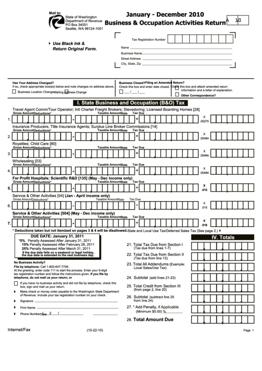 Form A-10 - Business & Occupation Activities Return - 2010 Printable pdf