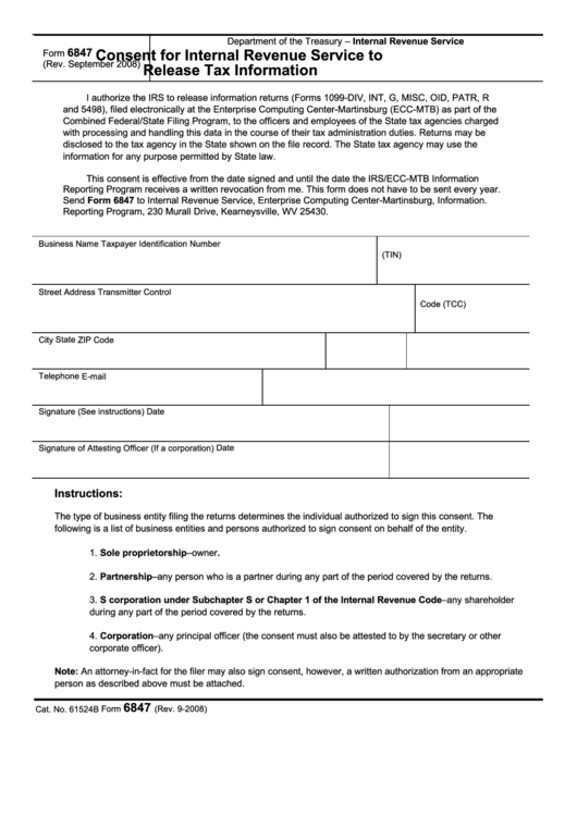 Fillable Form 6847 - Consent For Internal Revenue Service To Release Tax Information - 2008 Printable pdf
