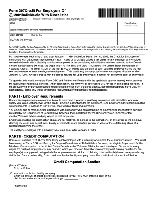 Form 307 - Credit For Employers Of Individuals With Disabilities - 2001 Printable pdf