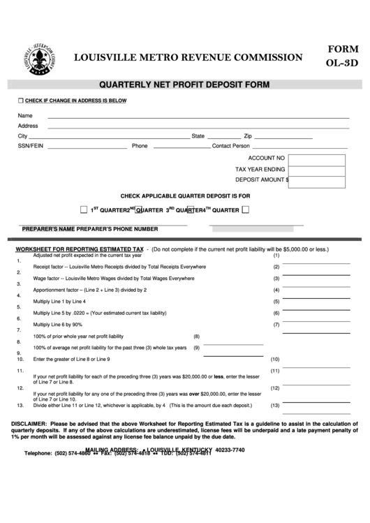 Fillable Form Ol-3d - Quarterly Net Profit Deposit Form Printable pdf