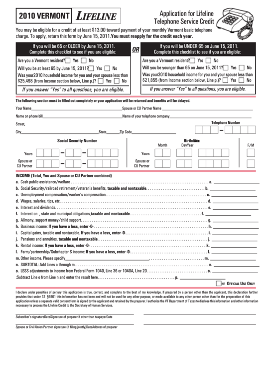 Application For Lifeline Telephone Service Credit - Vermont - 2010 Printable pdf