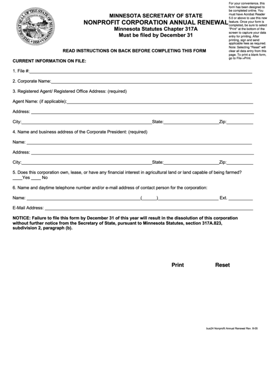 Fillable Nonprofit Corporation Annual Form Renewal Minnesota Secretary