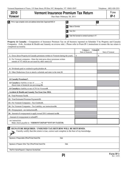 Form Ip-1 - Vermont Insurance Premium Tax Return - 2010 Printable pdf