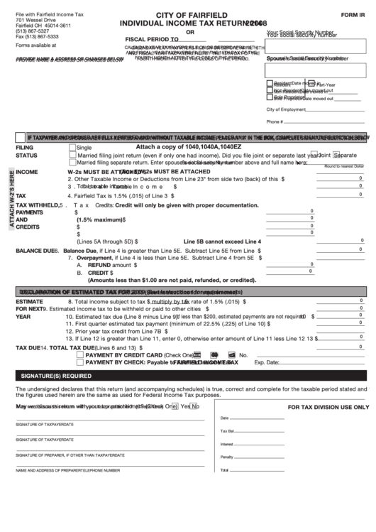 Fillable Form Ir - Individual Income Tax Return - City Of Fairfield - 2008 Printable pdf