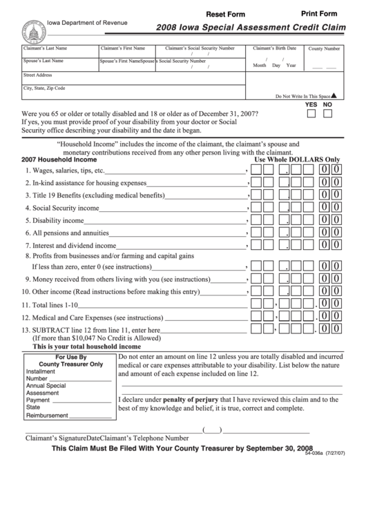 Fillable Form 54-036a - Iowa Special Assessment Credit Claim - 2008 Printable pdf