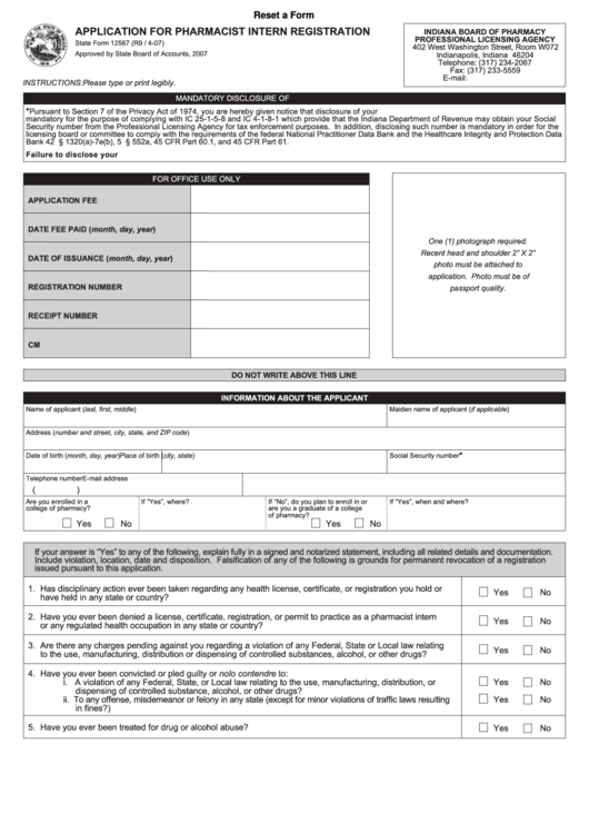 Fillable Form 12567 - Application For Pharmacist Intern Registration Printable pdf