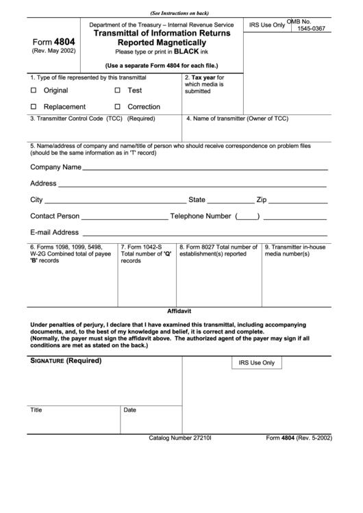 Form 4804 - Transmittal Of Information Returns Reported Magnetically