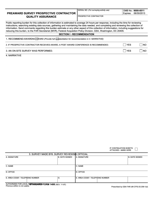 Fillable Standard Form 1406 - Preaward Survey Prospective Contractor Quality Assurance - 1997 Printable pdf
