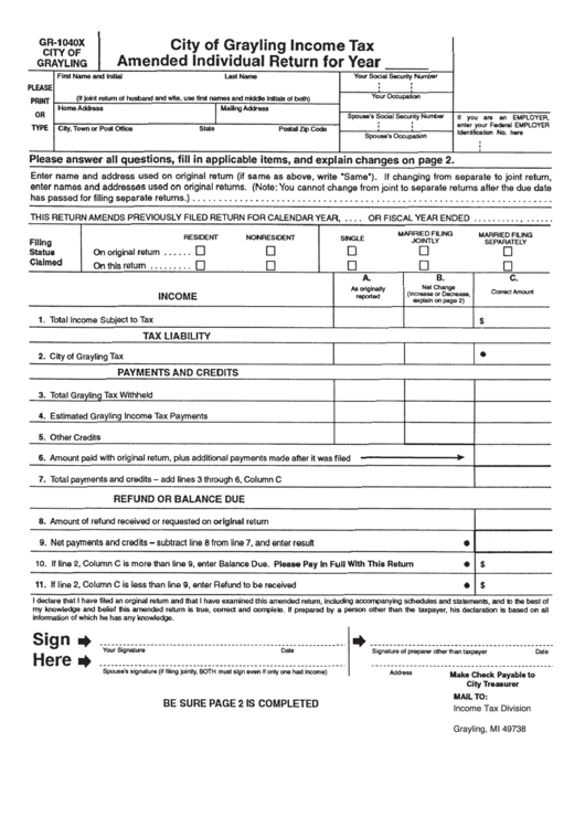 Form Gr 1040x Income Tax Amended Individual Return For Year Printable Pdf Download