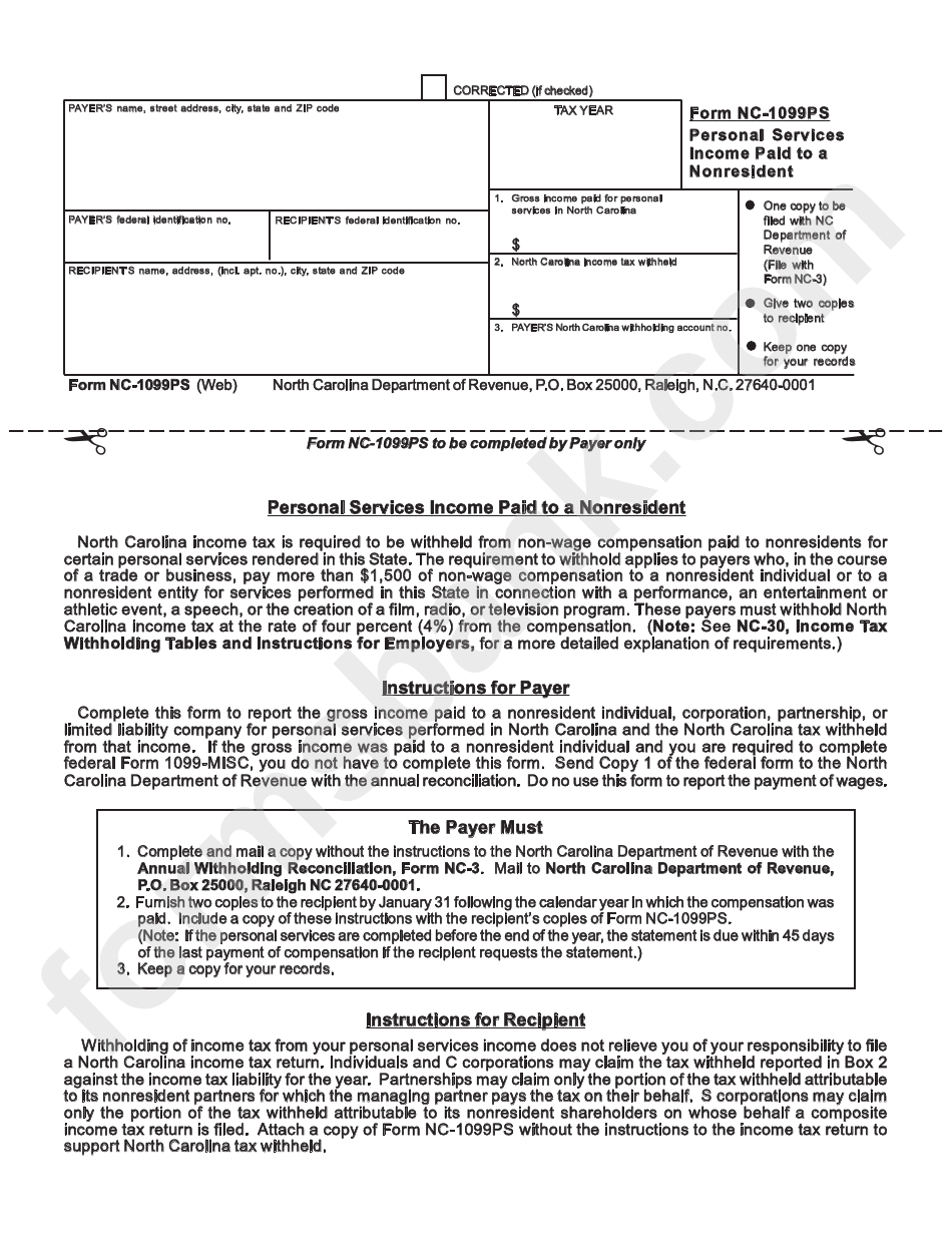 Form Nc-1099ps - Personal Services Income Paid To A Nonresident