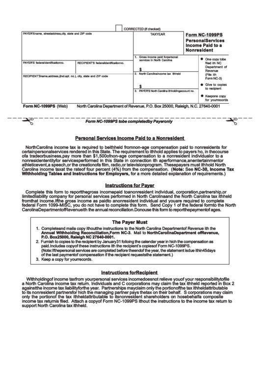 Form Nc-1099ps - Personal Services Income Paid To A Nonresident Printable pdf