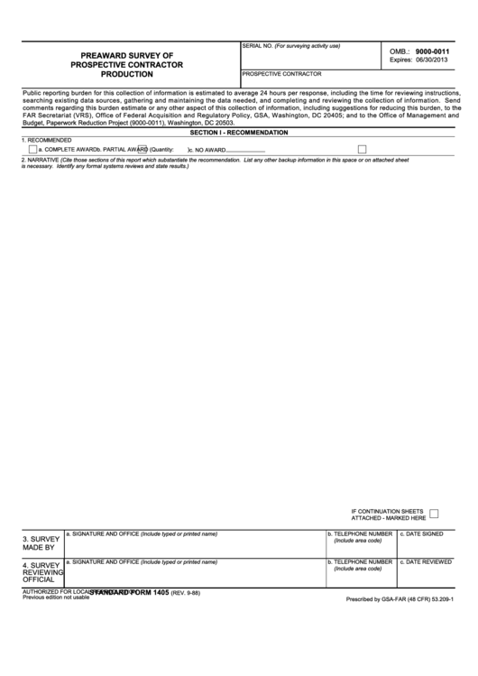 Fillable Standard Form 1405 - Preaward Survey Of Prospective Contractor Production Printable pdf