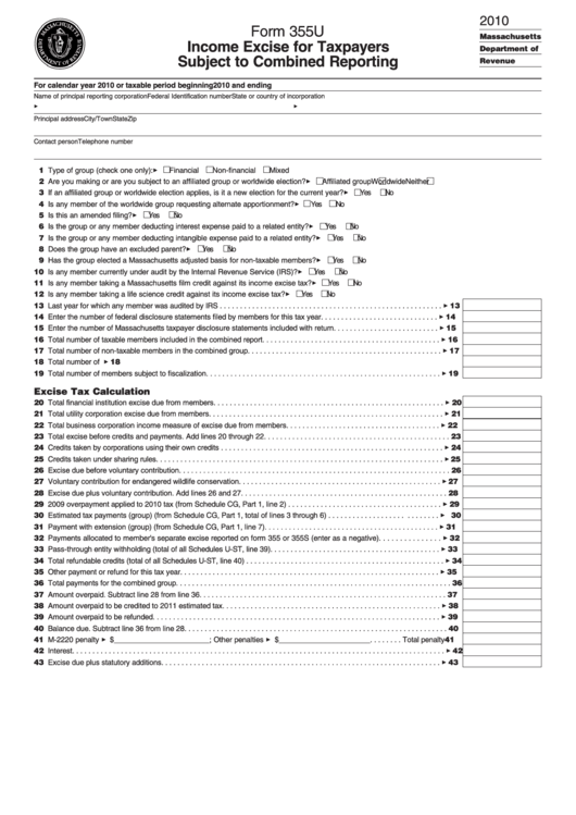 Form 355u - Income Excise For Taxpayers - Subject To Combined Reporting - 2010 Printable pdf