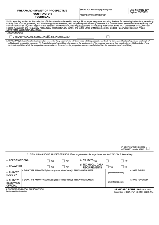 Fillable Standard Form 1404 - Preaward Survey Of Prospective Contractor Technical - 1988 Printable pdf