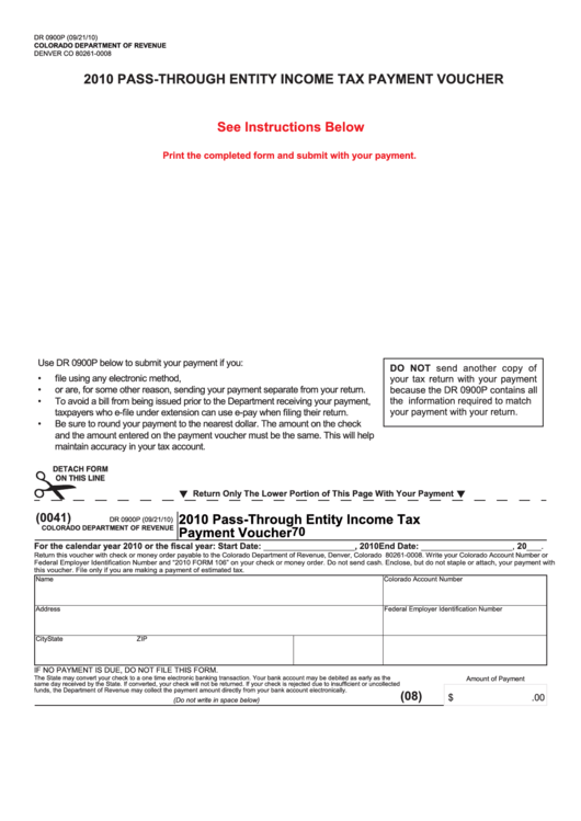 Form Dr 0900p - Pass-Through Entity - Income Tax Payment Voucher - 2010 Printable pdf