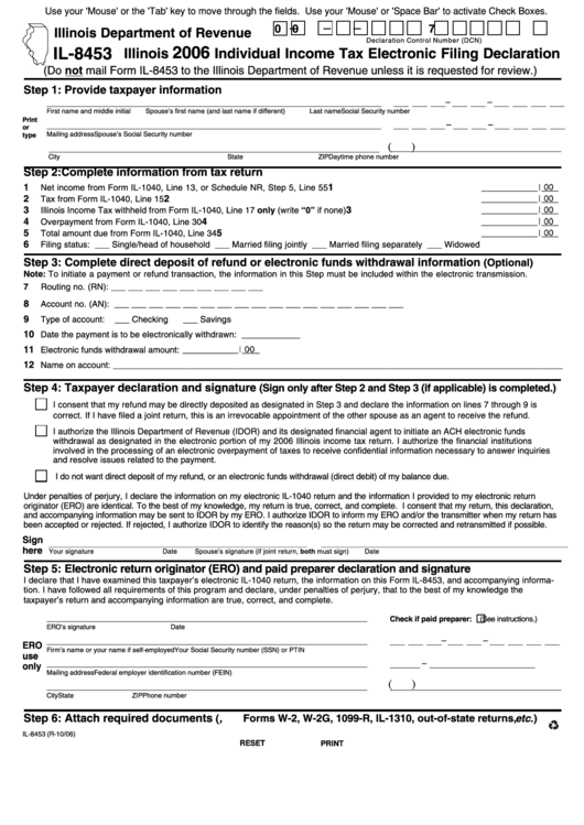 Fillable Form Il-8453 - Individual Income Tax Electronic Filing Declaration - 2006 Printable pdf