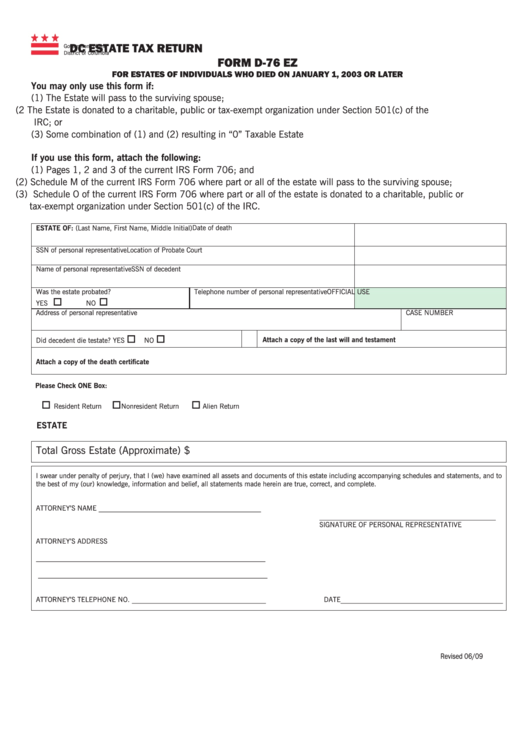 Form D-76 Ez - Dc Estate Tax Return - 2009 Printable pdf
