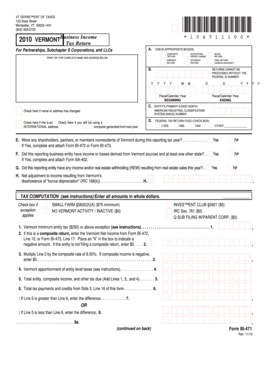 Form Bi-471 - Vermont Business Income Tax Return - 2010 Printable pdf