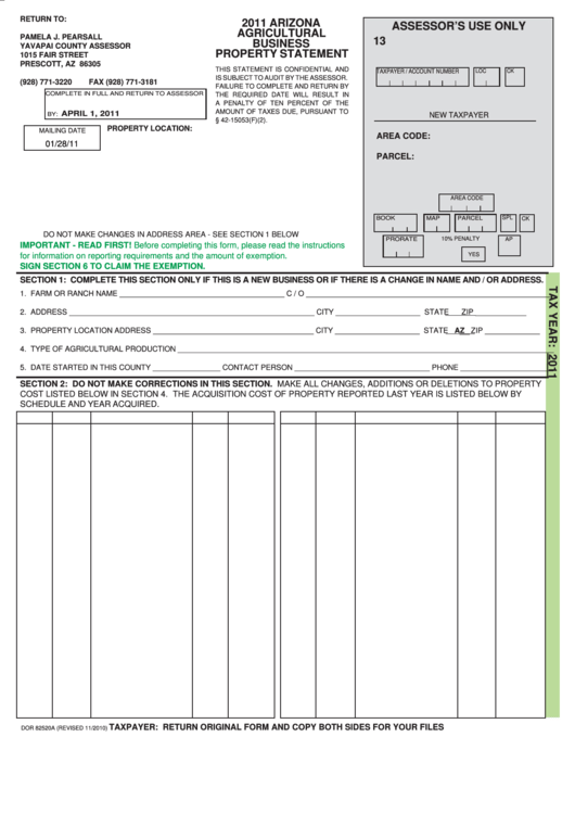 Fillable Form Dor 82520a - Arizona Agricultural Business Property Statement - 2011 Printable pdf