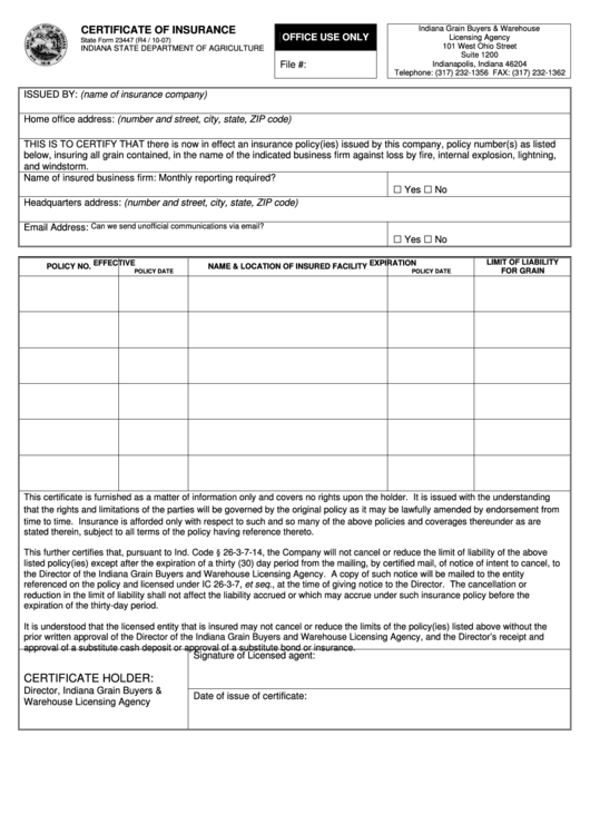 Fillable Form 23447 -Certificate Of Insurance Printable pdf