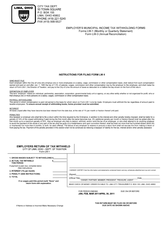 Form Lw-1 - Employers Return Of Tax Withheld - 2011 Printable pdf