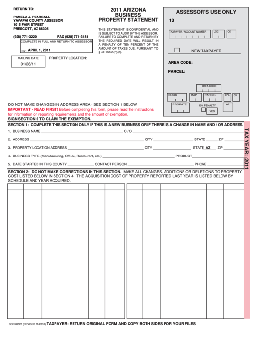 Fillable Form Dor 82520 - Arizona Business Property Statement - 2011 Printable pdf
