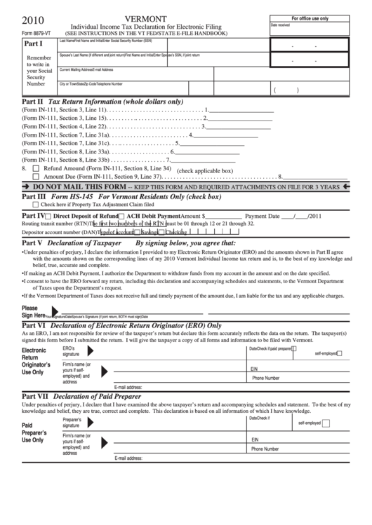 Form 8879-Vt - Individual Income Tax Declaration For Electronic Filing - 2010 Printable pdf