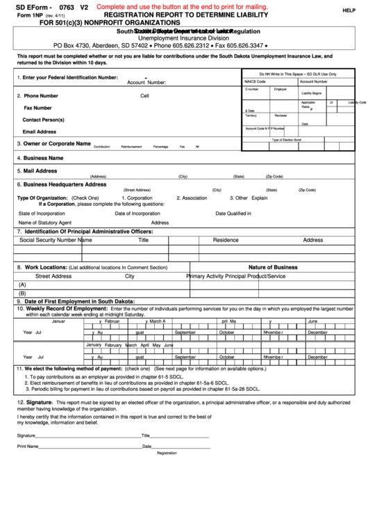 Fillable Form 1np - Registration Report To Determine Liability For 501(C)(3) Nonprofit Organizations Printable pdf