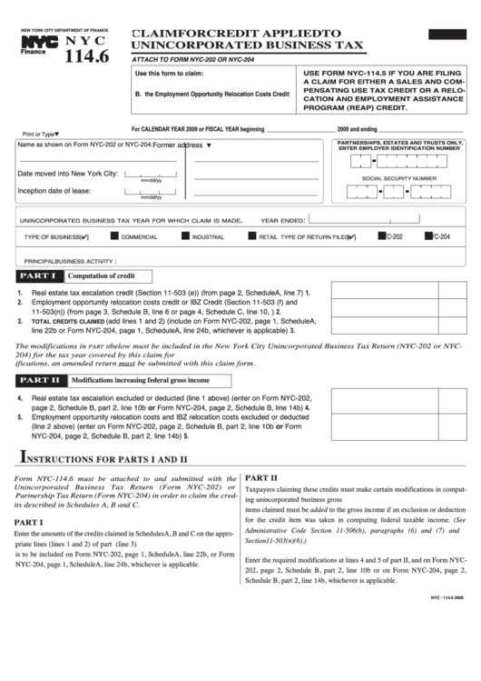 Form Nyc-114.6 - Claim For Credit Applied To Unincorporated Business Tax - 2009 Printable pdf