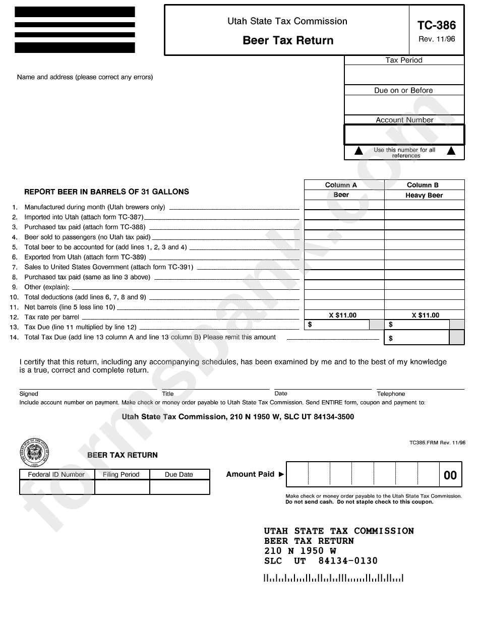 Form Tc-386 - Beer Tax Return - 1996