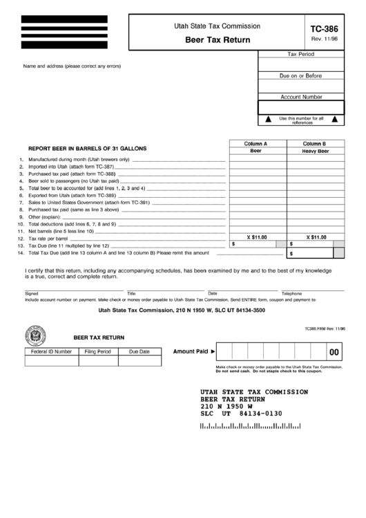 Fillable Form Tc-386 - Beer Tax Return - 1996 Printable pdf