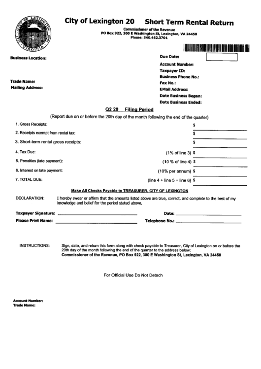Short Term Rental Return Form - City Of Lexington Printable pdf