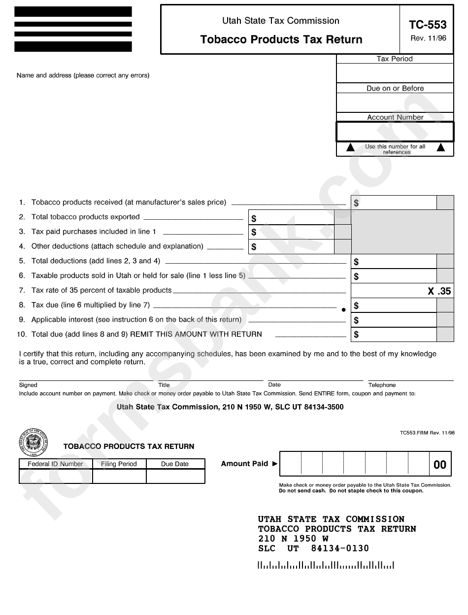 Form Tc-553 - Tobacco Products Tax Return - 1996