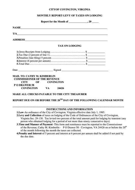 Monthly Report-Levy Of Taxes On Lodging Form - Cityof Covington Printable pdf