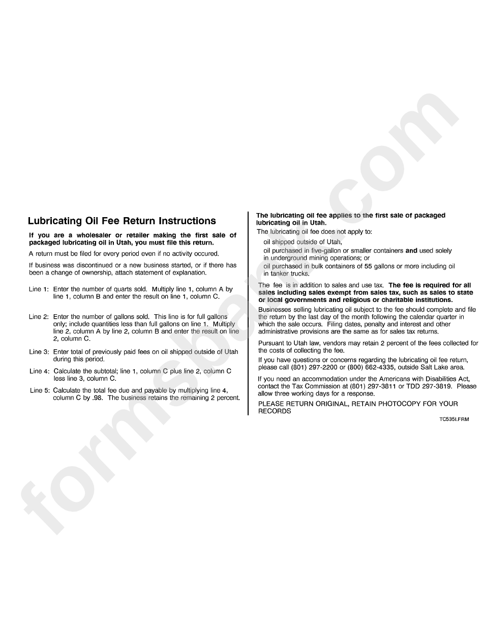 Form Nc535lfrm - Lubricating Oil Free Return Instructions