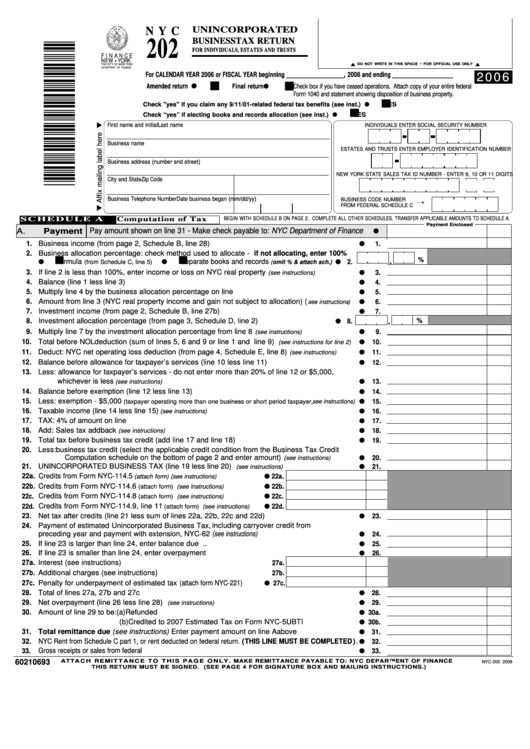 Fillable Form Nyc-202 - Unincorporated Business Tax Return For Individuals, Estates And Trusts - 2006 Printable pdf
