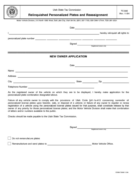 Form Tc-840 - Relinquished Personalized Plates And Reassignment Printable pdf