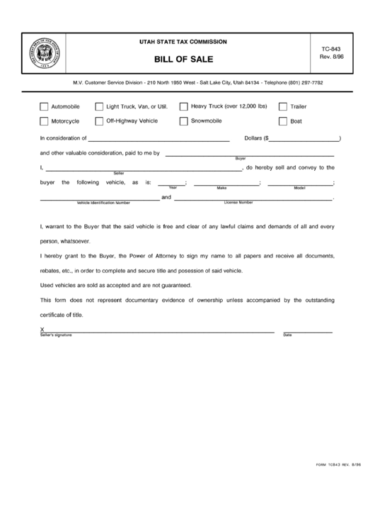Fillable Form Tc-843 - Bill Of Sale - 1996 Printable pdf