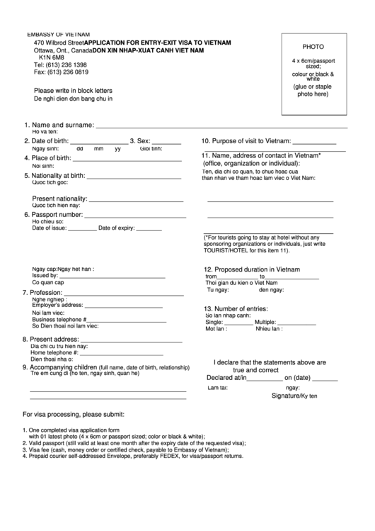 Fillable Application For Entry-Exit Visa To Vietnam Form Printable pdf