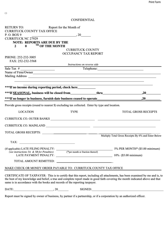 Fillable Occupancy Tax Report Form - Currituck County Tax Office Printable pdf