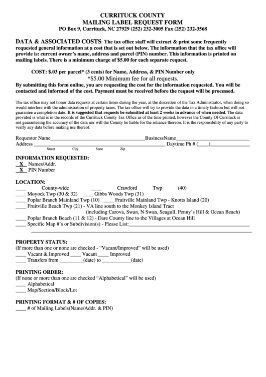 Mailing Label Request Form - Currituck County, North Carolina Printable pdf