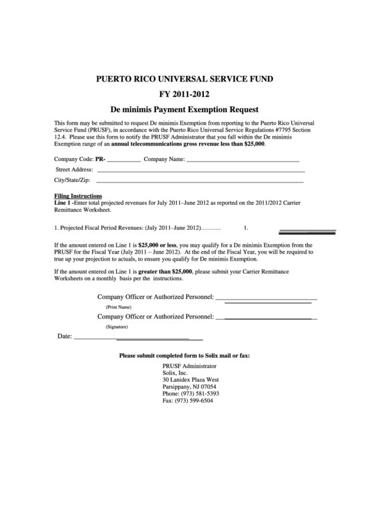 De Minimis Payment Exemption Request Form - Puerto Rico Universal Service Fund Printable pdf